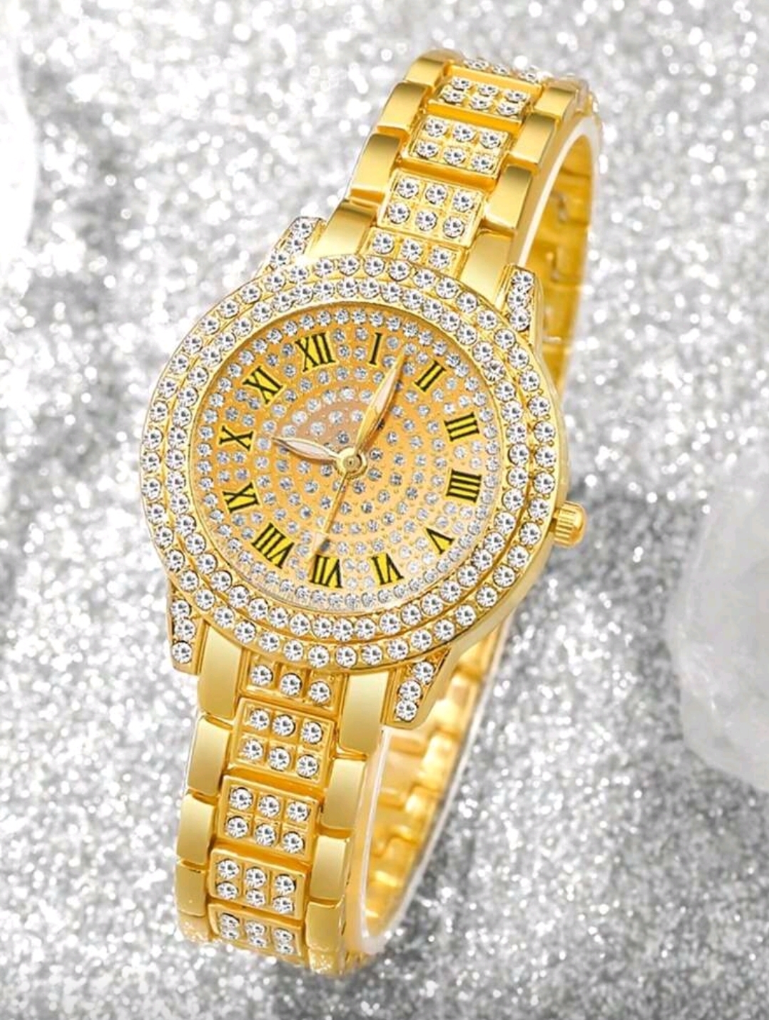 RELOJ AMARILLO PARA MUJER CON 1 PULSERA 1 CADENA 1 PAR DE ARITOS R42
